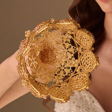 Load image into Gallery viewer, Gold Quinceañera &amp; Wedding Bouquet Holder – Handcrafted with Gold Carved Flowers &amp; Crystal Stones