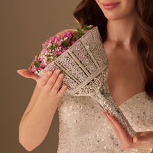 Load image into Gallery viewer, Silver Quinceañera &amp; Wedding Bouquet Holder – Handcrafted with Carved Flowers &amp; Crystal Stones