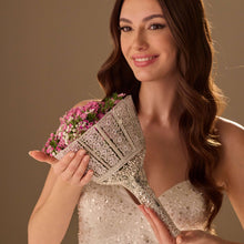Load image into Gallery viewer, Silver Quinceañera &amp; Wedding Bouquet Holder – Handcrafted with Carved Flowers &amp; Crystal Stones