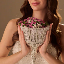 Load image into Gallery viewer, Silver Quinceañera &amp; Wedding Bouquet Holder – Handcrafted with Carved Flowers &amp; Crystal Stones