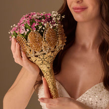 Load image into Gallery viewer, Gold Quinceañera &amp; Wedding Bouquet Holder – Handcrafted with Gold Carved Flowers &amp; Crystal Stones