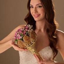 Load image into Gallery viewer, Gold Quinceañera &amp; Wedding Bouquet Holder – Handcrafted with Gold Carved Flowers &amp; Crystal Stones