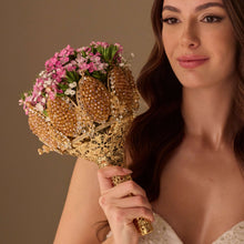 Load image into Gallery viewer, Gold Quinceañera &amp; Wedding Bouquet Holder – Handcrafted with Gold Carved Flowers &amp; Crystal Stones
