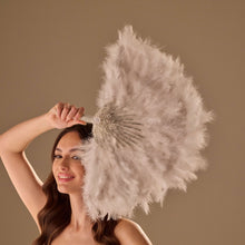 Load image into Gallery viewer, Luxury Feather Fan – Handcrafted with Silver &amp; Pearl Trim, Elegant Unique Fan
