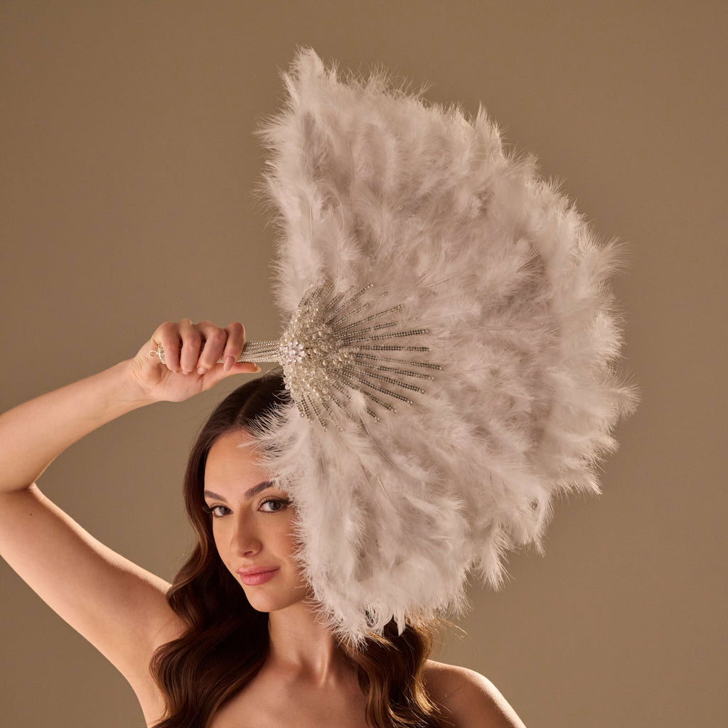 Luxury Feather Fan – Handcrafted with Silver & Pearl Trim, Elegant Unique Fan