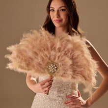 Load image into Gallery viewer, Luxury Feather Fan – Handcrafted with Gold &amp; Rhinestone Trim, Elegant Unique Fan