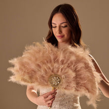 Load image into Gallery viewer, Luxury Feather Fan – Handcrafted with Gold &amp; Rhinestone Trim, Elegant Unique Fan