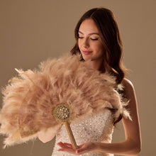 Load image into Gallery viewer, Luxury Feather Fan – Handcrafted with Gold &amp; Rhinestone Trim, Elegant Unique Fan