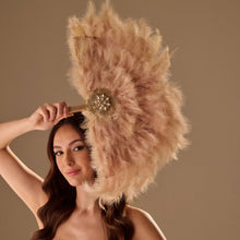 Load image into Gallery viewer, Luxury Feather Fan – Handcrafted with Gold &amp; Rhinestone Trim, Elegant Unique Fan