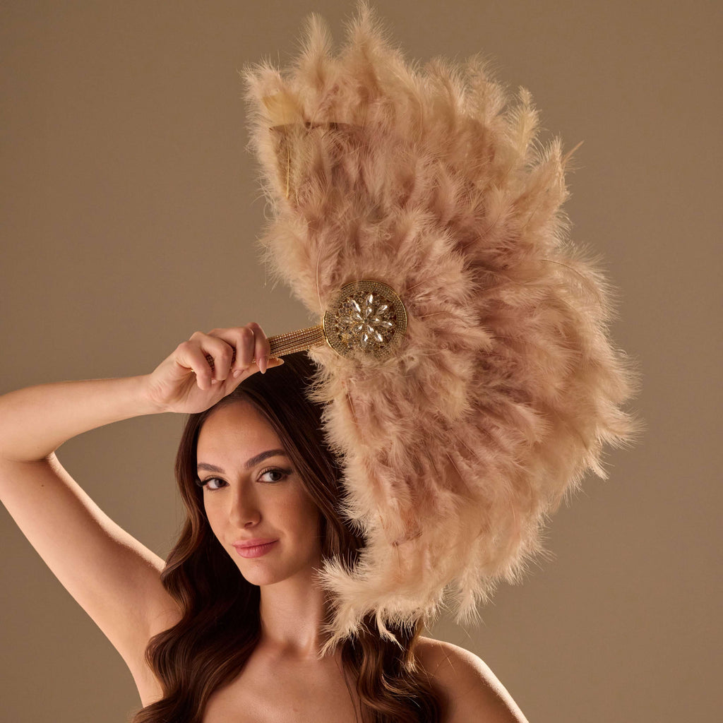 Luxury Feather Fan – Handcrafted with Gold & Rhinestone Trim, Elegant Unique Fan