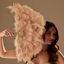 Load image into Gallery viewer, Luxury Feather Fan – Handcrafted with Gold &amp; Rhinestone Trim, Elegant Unique Fan