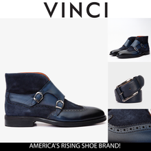 Load image into Gallery viewer, The Albus Navy Blue Leather &amp; Suede Double Strap Monk Brogue Men Boot