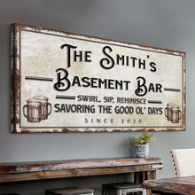 Load image into Gallery viewer, Swirl, Sip, Reminisce Basement Bar Sign