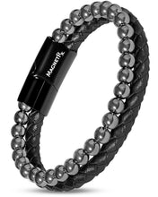 Load image into Gallery viewer, High Power Hematite Bead &amp; Leather Magnetic Bracelet