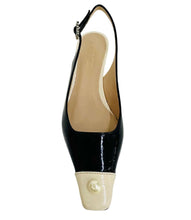 Load image into Gallery viewer, Navy/Off White Sling back Kitten Heel With Pearl