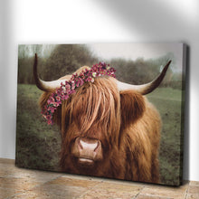 Load image into Gallery viewer, Retro Floral Crown Highland Cow Canvas Wall Art