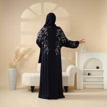 Load image into Gallery viewer, Navy Blue Pleated Abaya Set | Beaded Robe Abaya with Silver Embroidery (MOA168)