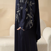 Load image into Gallery viewer, Navy Blue Pleated Abaya Set | Beaded Robe Abaya with Silver Embroidery (MOA168)