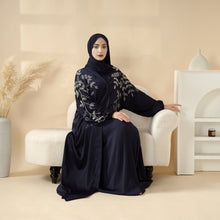 Load image into Gallery viewer, Navy Blue Pleated Abaya Set | Beaded Robe Abaya with Silver Embroidery (MOA168)