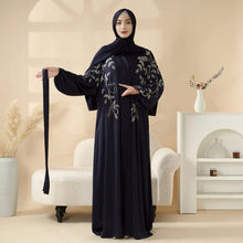 Load image into Gallery viewer, Navy Blue Pleated Abaya Set | Beaded Robe Abaya with Silver Embroidery (MOA168)