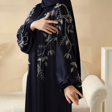 Load image into Gallery viewer, Navy Blue Pleated Abaya Set | Beaded Robe Abaya with Silver Embroidery (MOA168)
