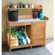 Load image into Gallery viewer, Natural Fir Wood Potting Bench with Galvanized Steel Table Top