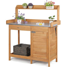 Load image into Gallery viewer, Natural Fir Wood Potting Bench with Galvanized Steel Table Top