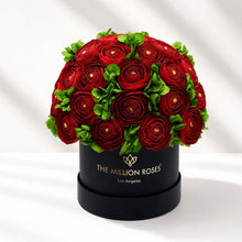 Load image into Gallery viewer, Classic Black Box | Red Persian Buttercups &amp; Green Hydrangeas