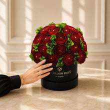 Load image into Gallery viewer, Classic Black Box | Red Persian Buttercups &amp; Green Hydrangeas