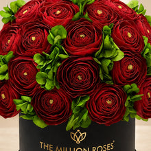 Load image into Gallery viewer, Classic Black Box | Red Persian Buttercups &amp; Green Hydrangeas
