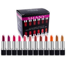 Load image into Gallery viewer, SHANY Slick and Shine Multicolored Lipstick Set 12 Matte Lip Colors Long Lasting Hydrating Lip shades with Vitamin E and Aloe Vera in for Smooth Creamy Lip contour and Everyday Makeup Use - SHOP MATTE - LIPSTICKS - ITEM# SH-LP0012-SET-PARENT