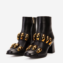 Load image into Gallery viewer, The Eclipse Black &amp; Gold Leather Block Heel Women Boot