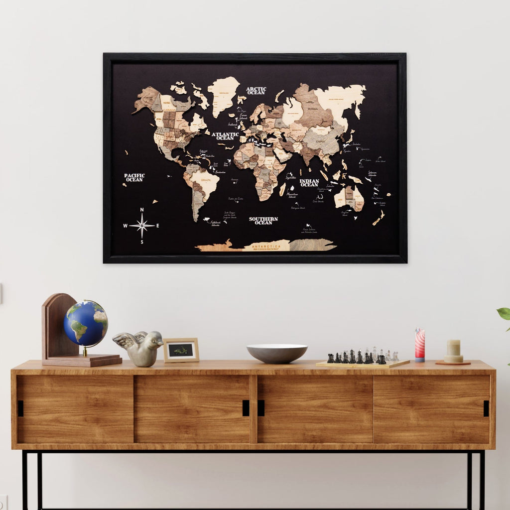 3D Wooden Panel World Map - Smokey