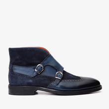 Load image into Gallery viewer, The Albus Navy Blue Leather &amp; Suede Double Strap Monk Brogue Men Boot