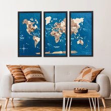 Load image into Gallery viewer, Triptych Wall Art - Wooden World Map (Smokey)