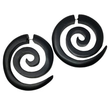 Load image into Gallery viewer, Large Spiral Wooden Earrings Brown or Black Wood Boho Tribal Statement Jewelry black or brown