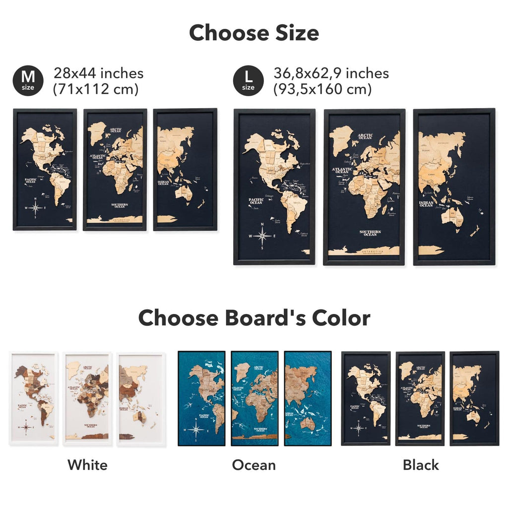 3D Wooden Triptych World Map Gold
