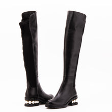 Load image into Gallery viewer, The Valeria Pearl Heel Knee-High Women Black Leather Boot