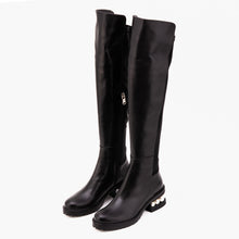 Load image into Gallery viewer, The Valeria Pearl Heel Knee-High Women Black Leather Boot